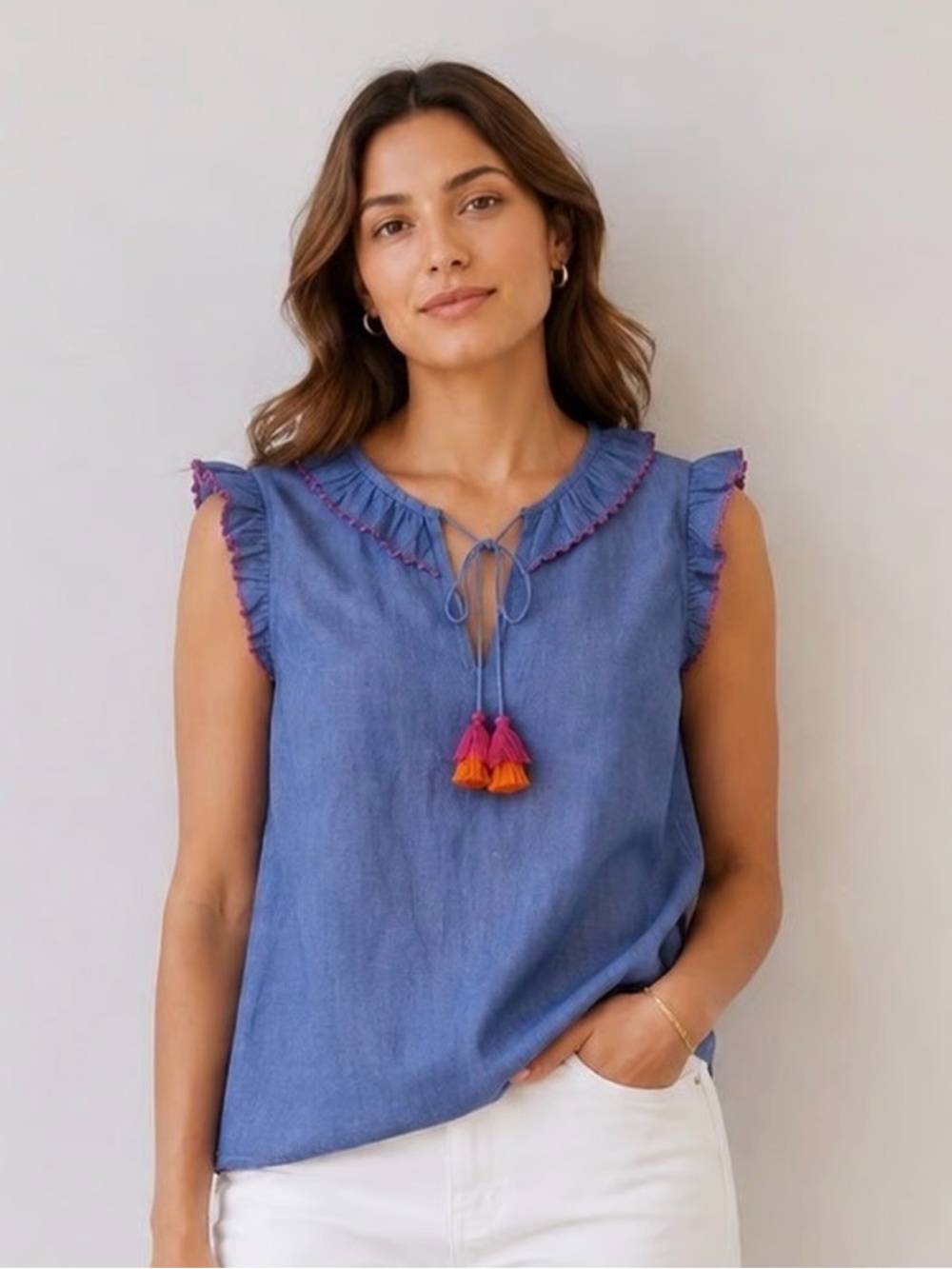 Boden Blue Sleeveless Tassel Tie Top with Pink & Orange Accents